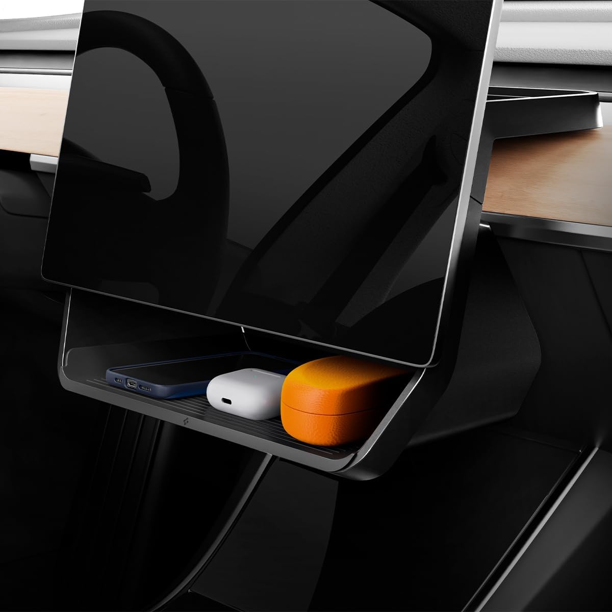 Spigen Tesla Model 3 2021-2023 and Model Y (~2024) Under Screen Centre Console Storage Organizer Tray, Smart Storage, Silicon Padding, Designed for Telsa Model Accessories - Black Edition