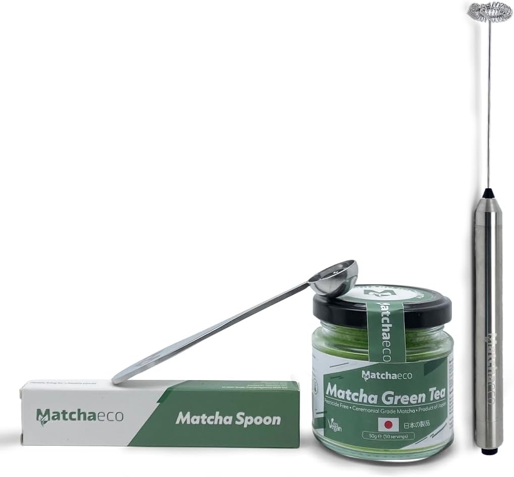 Matchaeco Modern Matcha Starter Set | 50g Japanese Ceremonial Grade Matcha | Electric Whisk, Scoop & Glass Jar | Vegan | Antioxidant-Rich | Gift-Ready