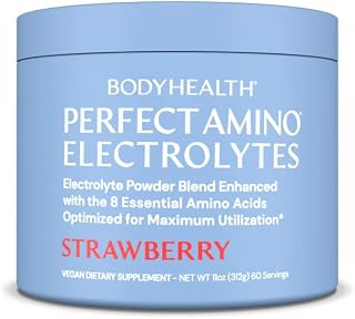BodyHealth PerfectAmino Electrolytes Powder No Sugar, Keto Sugar Free Fasting Electrolytes Drink Mix, Hydration Powder with Trace Minerals - Strawberry - 60 Servings