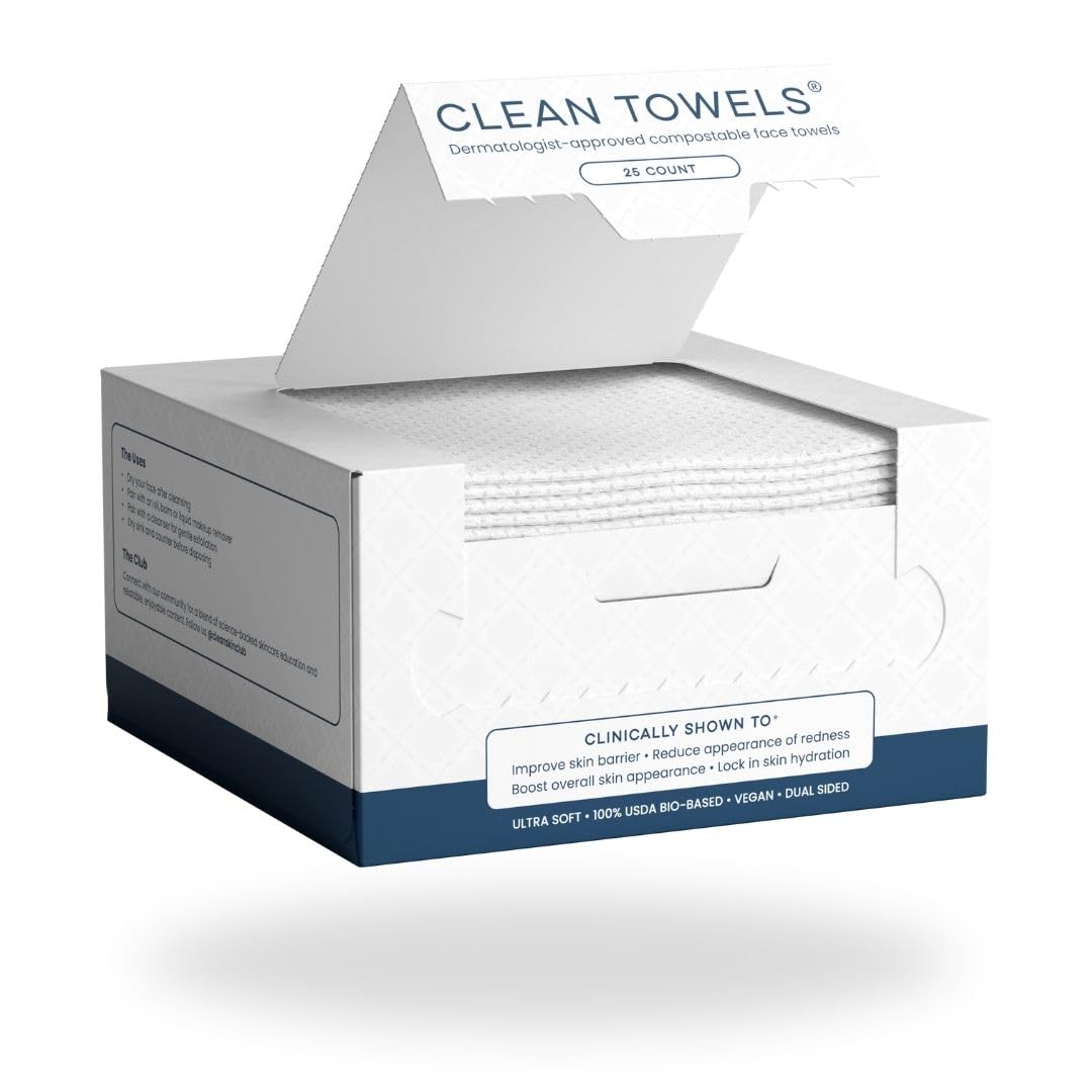 Clean Skin Club Clean Towels™, 100% USDA Biobased Dermatologist Approved Face Towel, Disposable Clinically Tested Face Towelette, Facial Washcloth, Ultra Soft Makeup Remover Dry Wipes, 1 pack, 25 ct