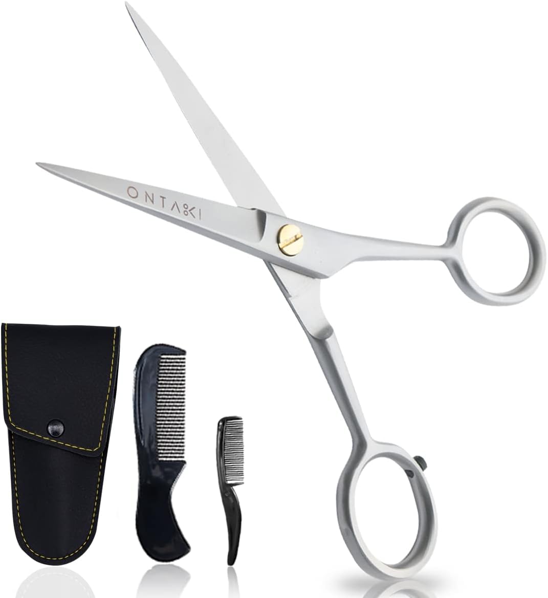 Ontaki 5 Inch German Beard & Mustache Trimming Scissors, 2 Combs (Beard + Mustache) with Pouch, Hand-Forged 410C Steel, Finger Rest, Silver