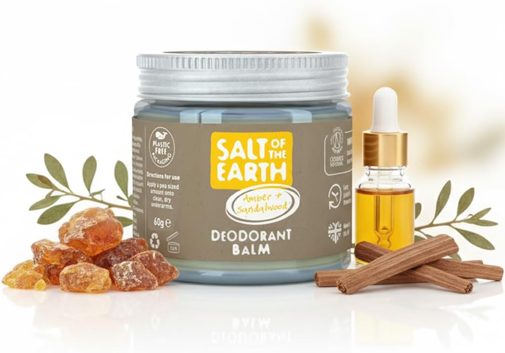 Salt of the Earth - Natural Vegan Deodorant Balm; Long Lasting Protection, Leaping Bunny Approved, Plastic & Aluminium Free - Amber & Sandalwood - 60g