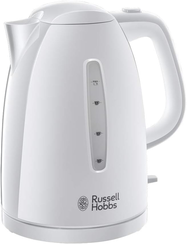 Russell Hobbs Textures Electric 1.7L Cordless Kettle (Fast Boil 3KW, White premium plastic, matt & high gloss finish, Removable washable anti-scale filter, Push to open lid, Perfect pour spout) 21270