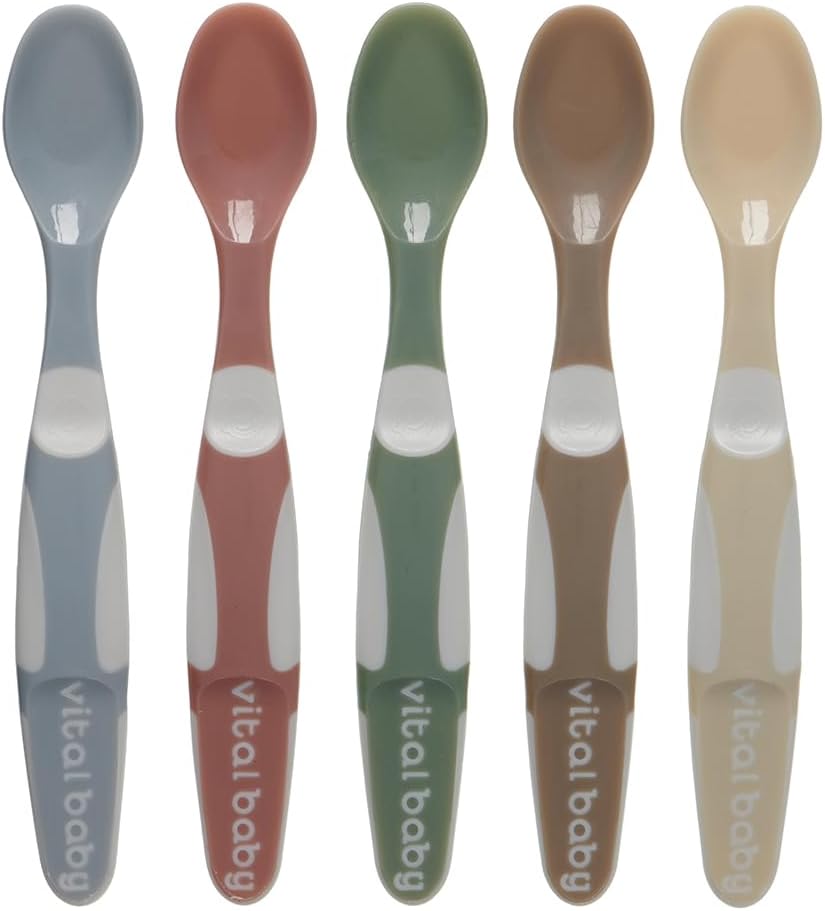 Vital Baby 5 Pack Weaning Spoons, 4m+ Baby Feeding Spoons, Shallow Spoon Tips, Gentle On Gums, EarthSmart Biodegradable, Soft-Grip Handles, BPA Free