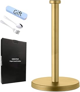 Stainless Steel Paper Towel Holder, Gold Paper Towel Holder Countertop for Kitchen Bathroom, Standing Paper Towel Holder with Weighted Base for Standard or Rolls Brushed Brass, (Gold)…
