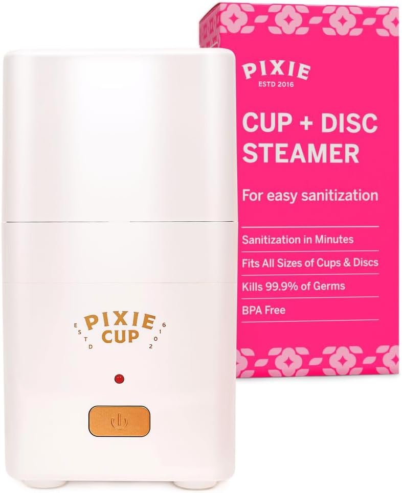 Pixie Menstrual Cup Steamer Sterilizer Cleaner - Wash Your Cup + Kill 99.9% of Germs with Cleanser Steam - 3 Minutes and Your Period Cup is Sterile! Automatic Timing Shut Off Switch (White)
