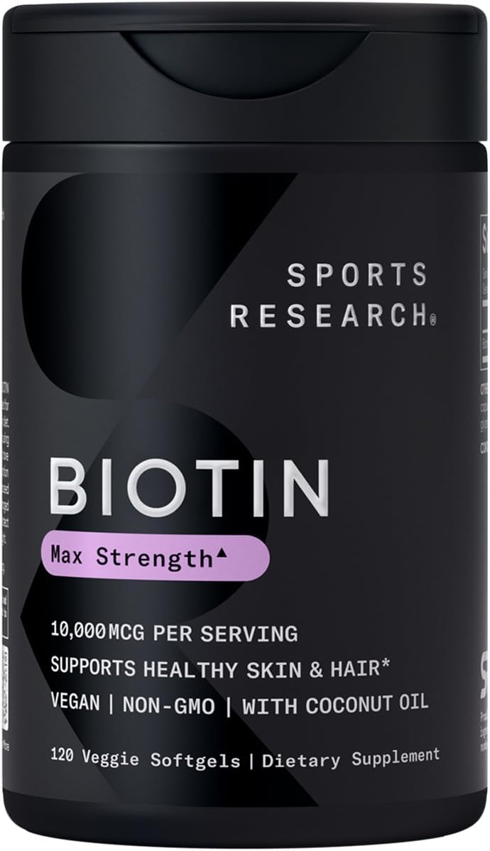 Sports Research Vegan Biotin 10,000mcg with Coconut Oil - Max Strength Biotin Vitamin B7 for Skin and Keratin Support - Non-GMO & Gluten Free, 120 Softgels (4 Month Supply)