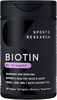 Sports Research Vegan Biotin 10,000mcg with Coconut Oil - Max Strength Biotin Vitamin B7 for Skin and Keratin Support - Non-GMO & Gluten Free, 120 Softgels (4 Month Supply)
