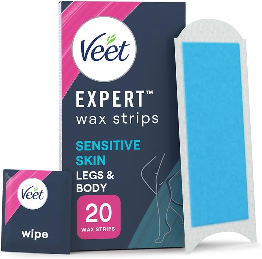 Veet Expert Cold Wax for Sensitive Skin, Hair Removal On Legs & Body, 20 Strips + 2 Finish Wipes, Effective for Men, Smooth Results