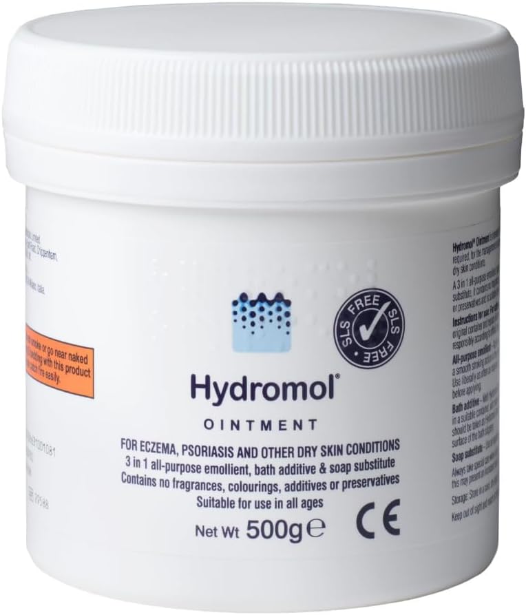 Hydromol Ointment 500 g tub, for the Management of Dry Skin, Dermatitis, Eczema, Psoriasis, suitable for all ages, soothes and calms itchy skin, and helps to prevent flare-ups.