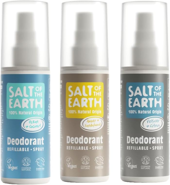 Salt of the Earth - Masculine Scent Bundle - Natural Deodorant Sprays - Ocean & Coconut, Amber & Sandalwood, Vetiver & Citrus - Suitable for Men, Women & Kids - 100ml