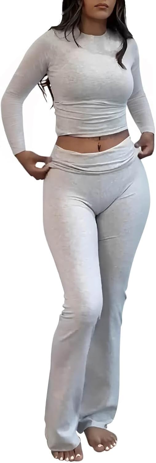 AYWA Women's 2 Piece Outfits Foldover Flare Pants Long Sleeve Crew Neck T-shirt Fitted Pajama Sets
