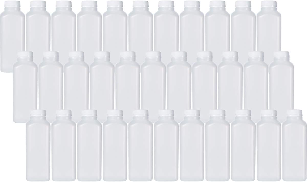 16 Oz Empty Plastic Juice Bottles with Tamper Evident Caps – 33 Pack Drink Containers - Great for Homemade Juices, Milk, Smoothies, Tea and Other Beverages - Food Grade BPA Free