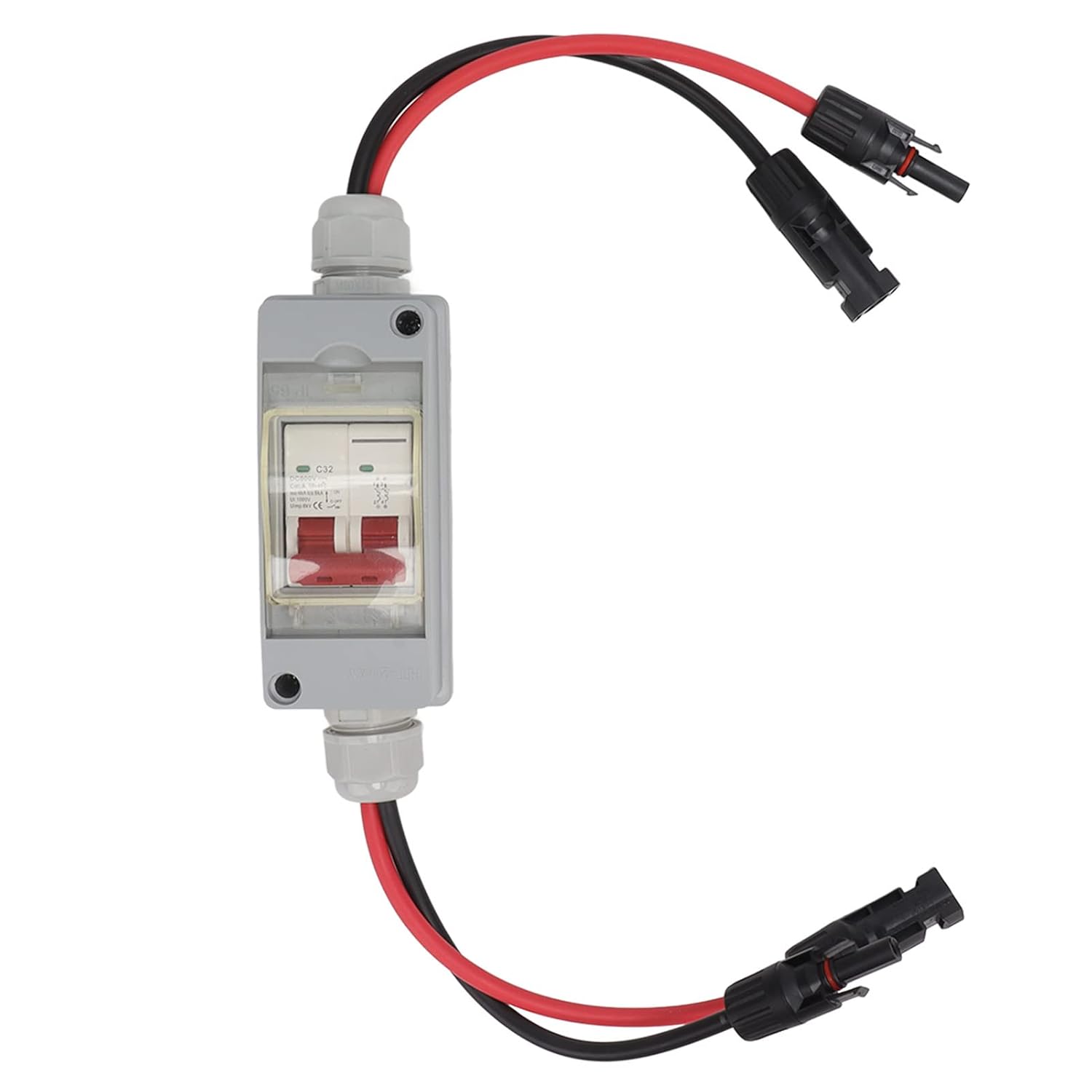 Focket 32A 500V PV DC Disconnect Switch, MCB 2P Solar Current Sink Load Switching Air Miniature Circuit Breaker with IP65 Waterproof Distribution Box for Panel (with Cable and Connector)