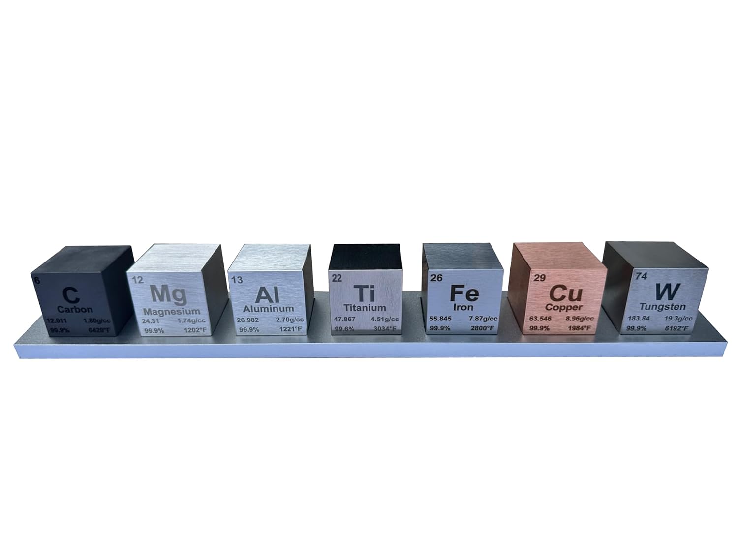 1.5" Element Cube Set – 7 Pure Metal Density Cubes with Engraved Atomic Data – Precision Machined Science Specimens + Display Stand – Periodic Table Gift