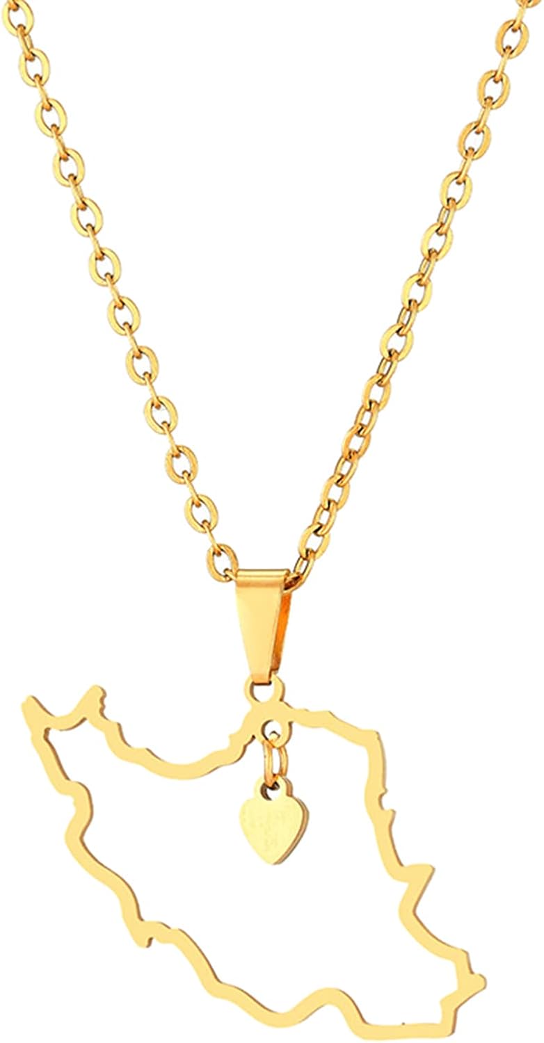JSGHGDF Iran Map Pendant Necklace for Men Women Stainless Steel Gold Silver Choker Iran Outline Heart