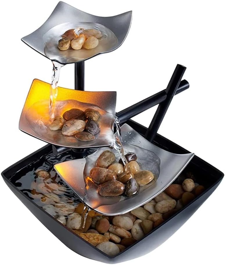 zalati Tabletop Fountain with LED Light Automatic Pump Power Switch Natural River Rocks for Indoor Home Office Decoration
