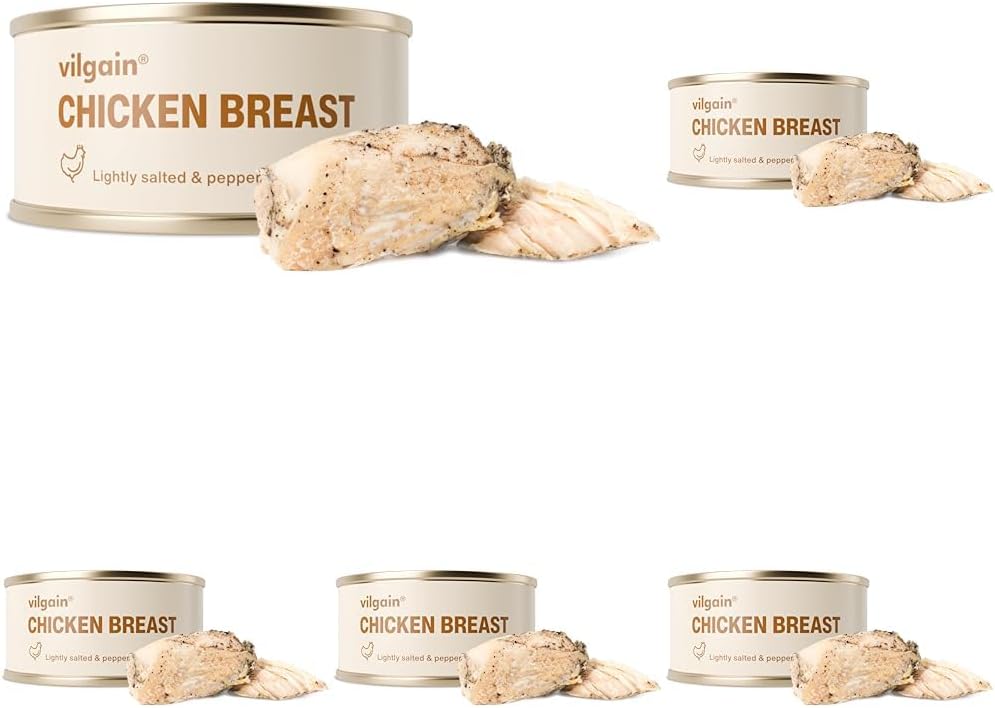 Vilgain Chicken Breasts With Salt And Pepper (100 g) – Lean High Protein Canned Poultry Meat, 98% Chicken, Skinless Breast In Water, Low Fat, Ready To Eat Healthy Meal Base (Pack of 5)