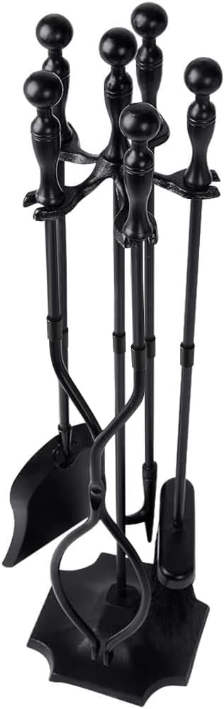 AMAGABELI GARDEN & HOME 5 Pcs Fireplace Tools Sets Black Handle Wrought Iron Large Fire Tool Set and Holder Outdoor Fireset Fire Pit Stand