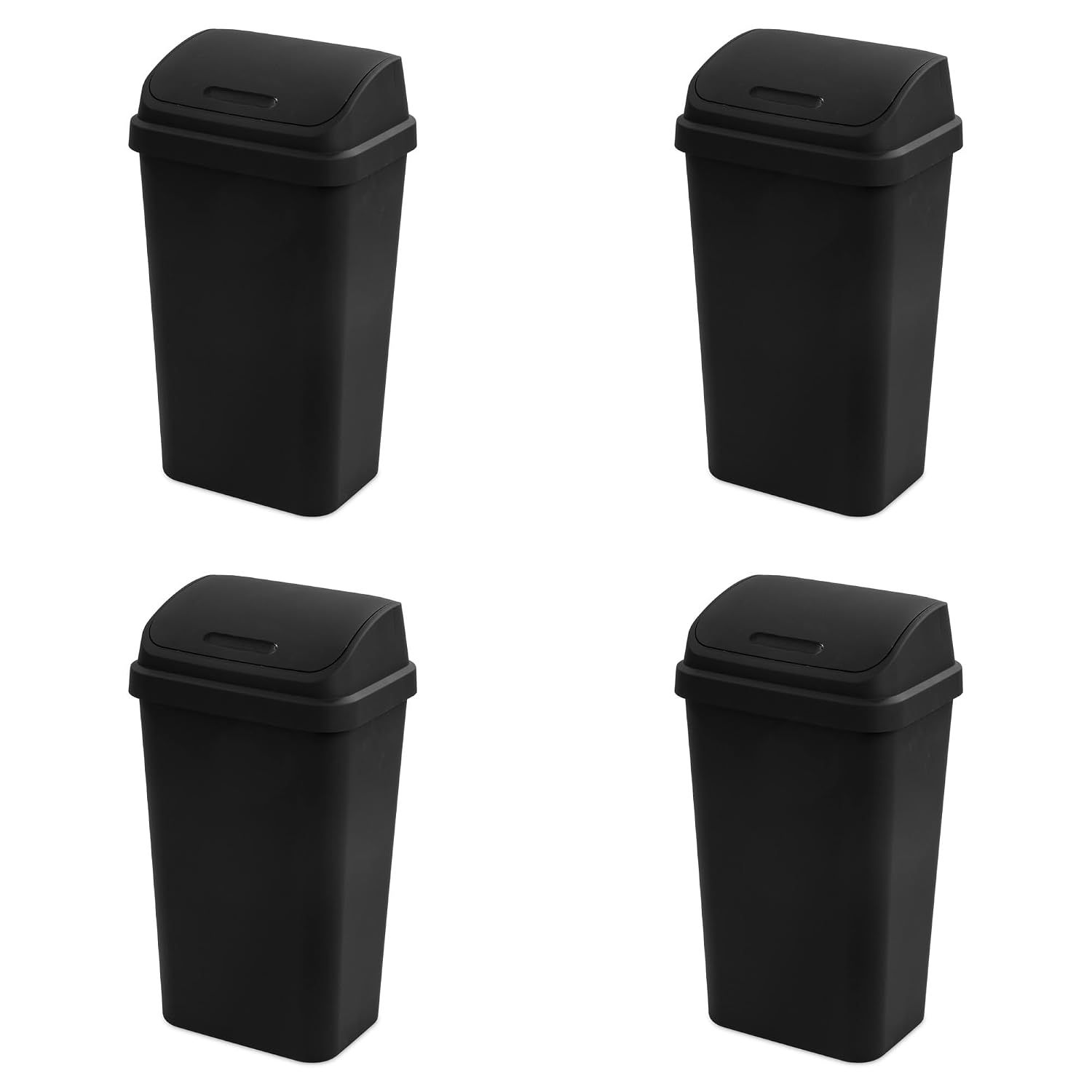 Sterilite 4-Pack Swing Top Wastebasket, Sleek Square Profile Trash Can, 13 Gallon, Black - Modern Garbage Bin for Kitchen, Bathroom, Garage and Workspace, Fits 13 Gal Liners