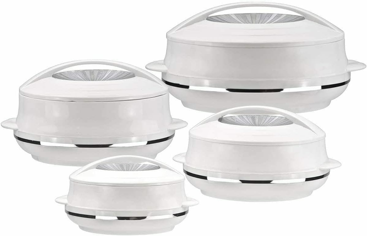 SCHOFIELD AND BLOOM Insulated Serving Dish Warmer with Lid Double Wall Hot Pot Casserole Stainless Steel Kitchenware Cold Hot Food Storage Containers Soup/Salad Bowl Set of 4 (Silver)