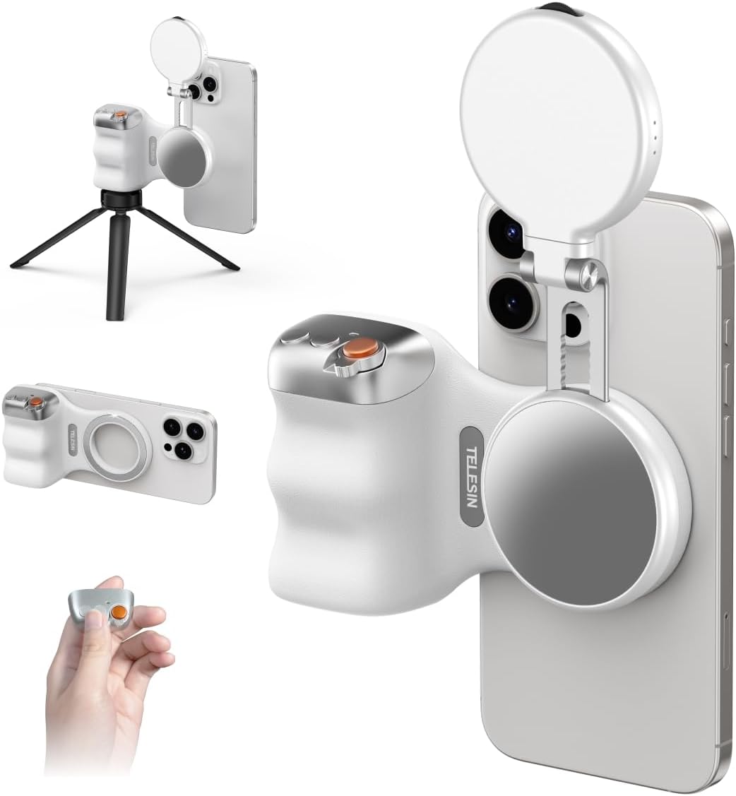 TELESIN Fun Shot Magnetic Phone Camera Grip + C03 Magnetic Selfie Light White Bundle Kit Compatible with iPhone & Android, Creator Kit for Selfies Photography TikTok Zoom Calls Video
