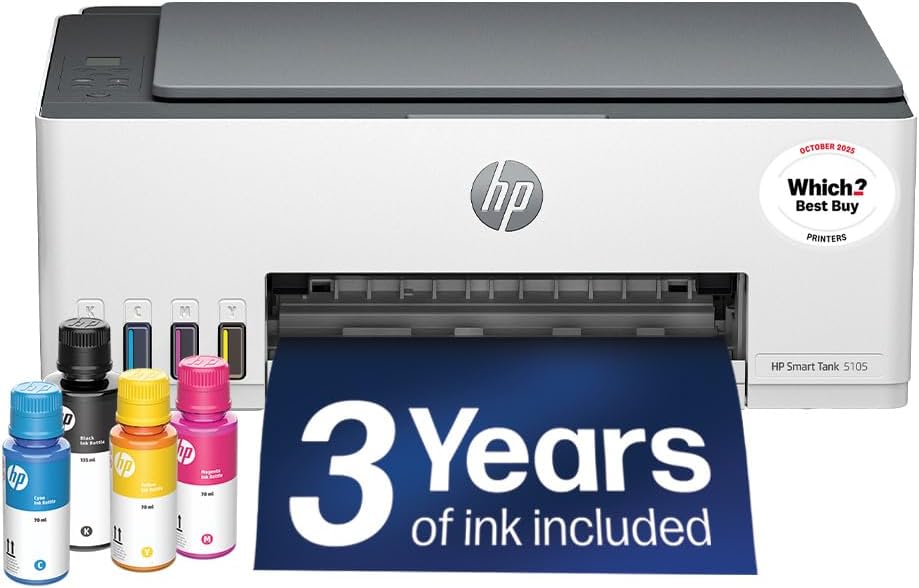 HP Smart Tank 5105 All in One Printer | Perfect for Home | Colour | Wireless | Print, Scan, Copy | Refillable, Includes up to 3 Years of Ink | Smart Buttons | Easy Setup | Reliable Wi-Fi