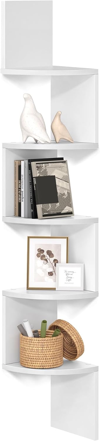 VASAGLE 5-Tier Corner Shelf, Display Floating Shelf in Living Room, Study, Kitchen, Bedroom, for Plants, CDs, Decorations, Modern, Cloud White LBC72WT