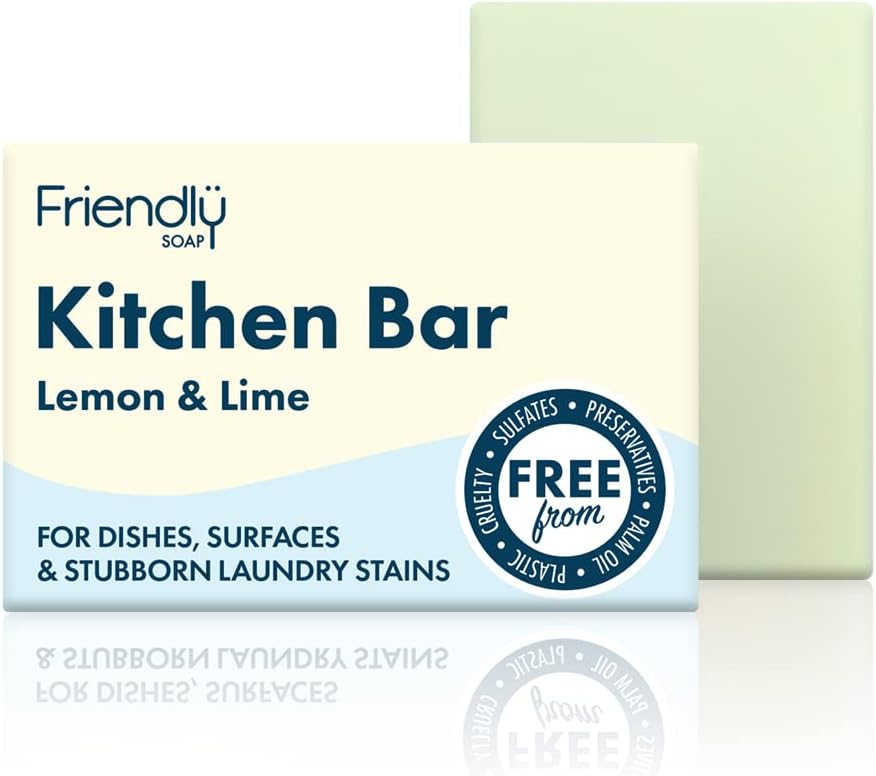 Friendly Soap - Lemon & Lime Kitchen Bar (95g), For Dishes, Surfaces & Stubborn Laundry Stains, Cruelty Free, No Palm Oil, No Preservatives, No Sulphates, Handmade in the UK, Vegan