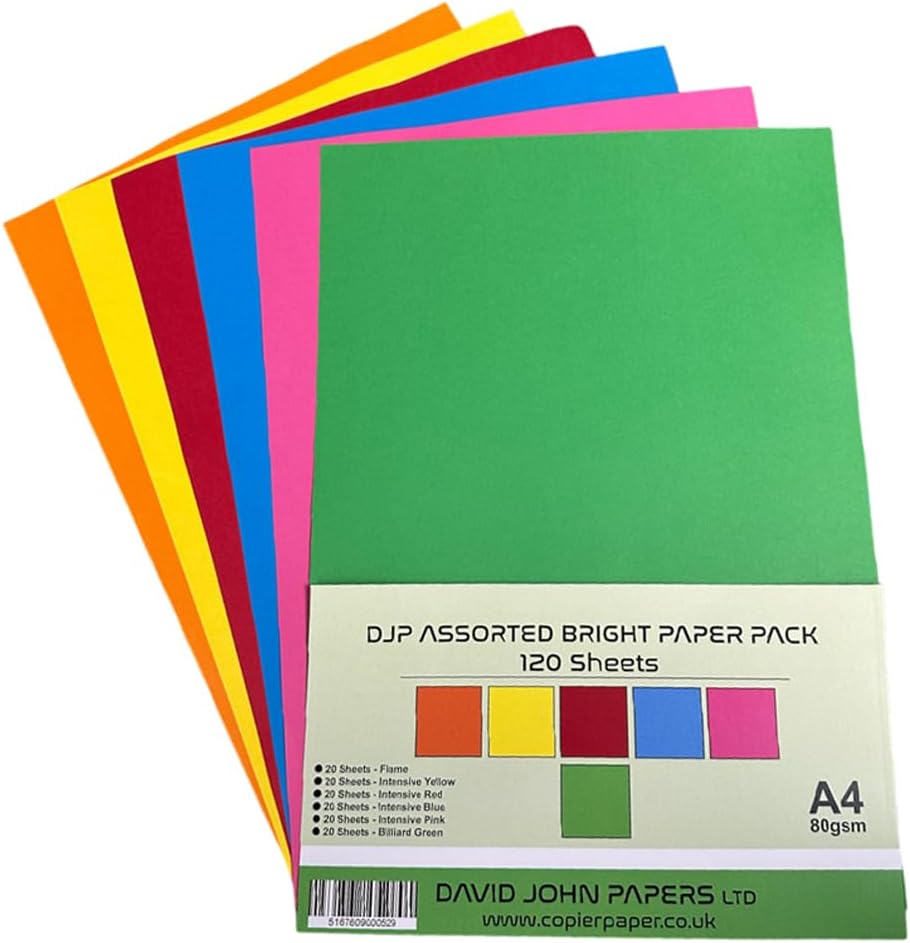 DUSTPIC DJP A4 Assorted Coloured Bright Paper Pack, 80gsm - 120 Sheet - 6 Colours