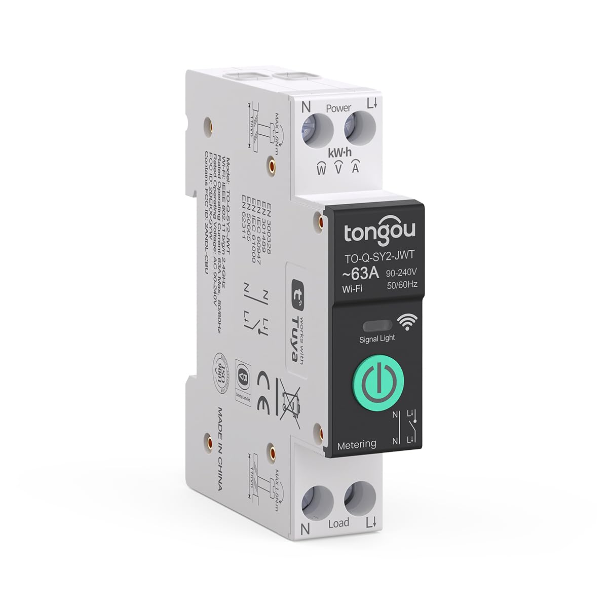 TONGOU SY2 1-63A Adjustable WiFi Switch, 1P+N Smart switch with Energy Monitoring & Multiple protection & 4 Timer Functions, Use Smart Life/Tuya APP to Connect, Features Alexa and Google voice control