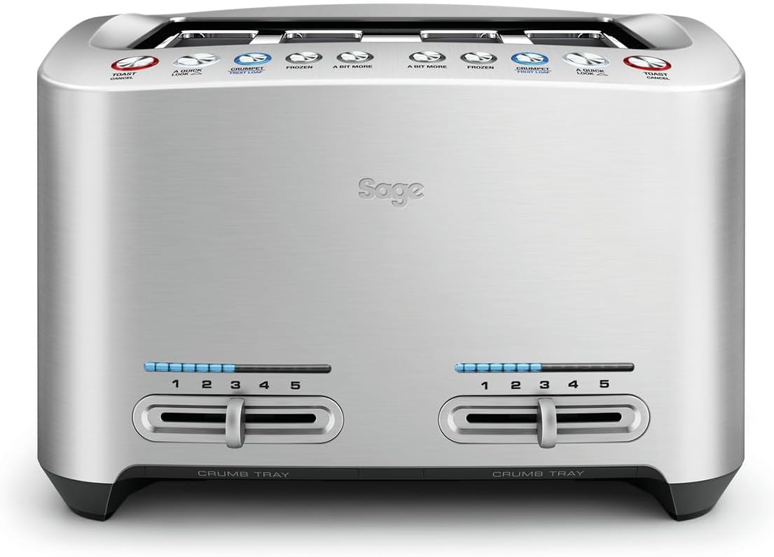 Sage - The Smart Toast - 4-Slice Toaster, 2000 W - Extra Wide Slots, 5 Browning Levels, Automated Lowering, Easy to Clean - Frozen, Crumpet, Lift & Look - Bagel, Toast, Bread - Brushed Aluminium