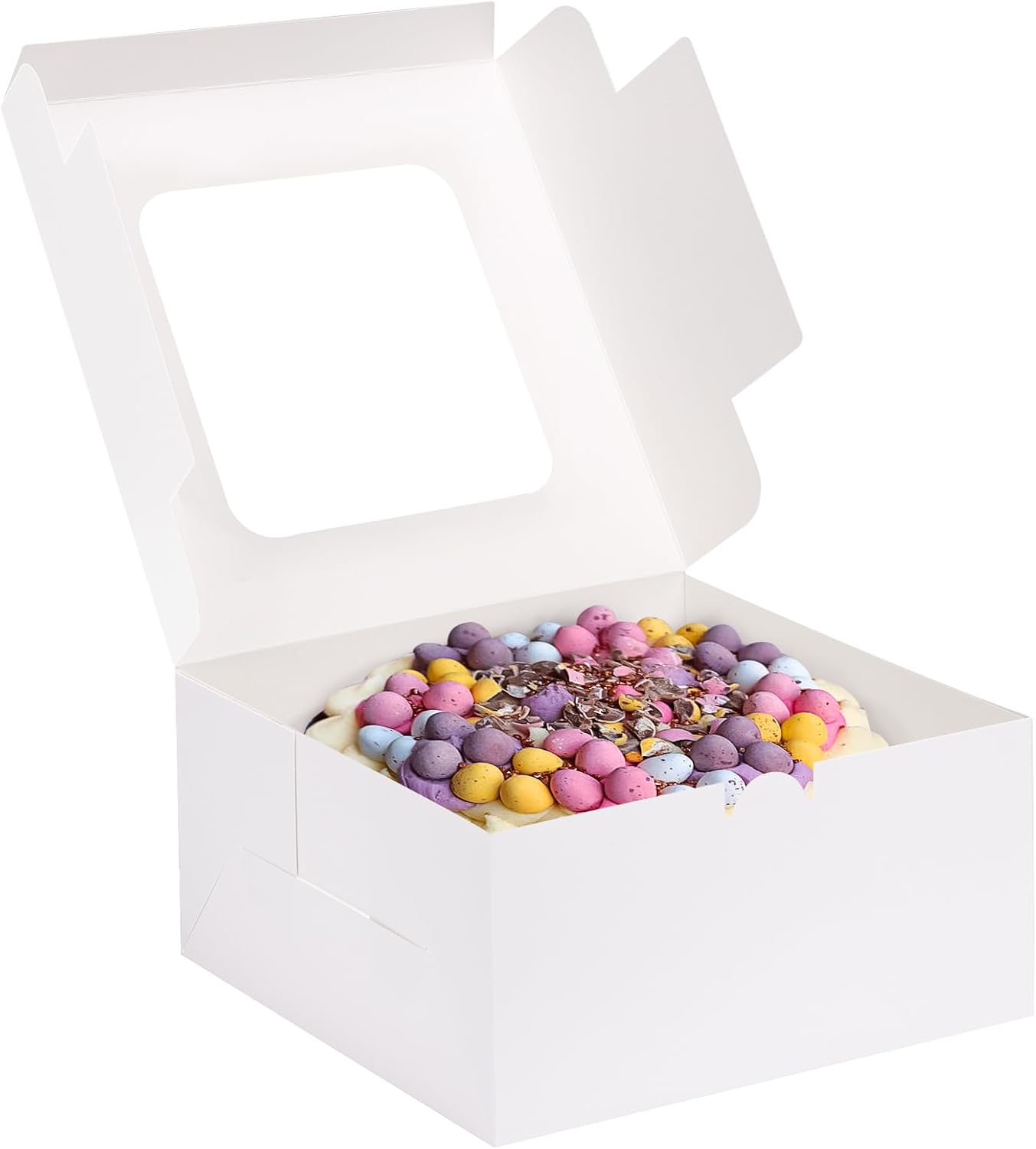 Moretoes 24pcs Cake Boxes, 10x10x5 Inches White Square Bakery Boxes with Window Cajas Pasteles for Cake, Mother's Day, Pastries, Chocolates, Cookies, Pie, Birthday Party, Wedding
