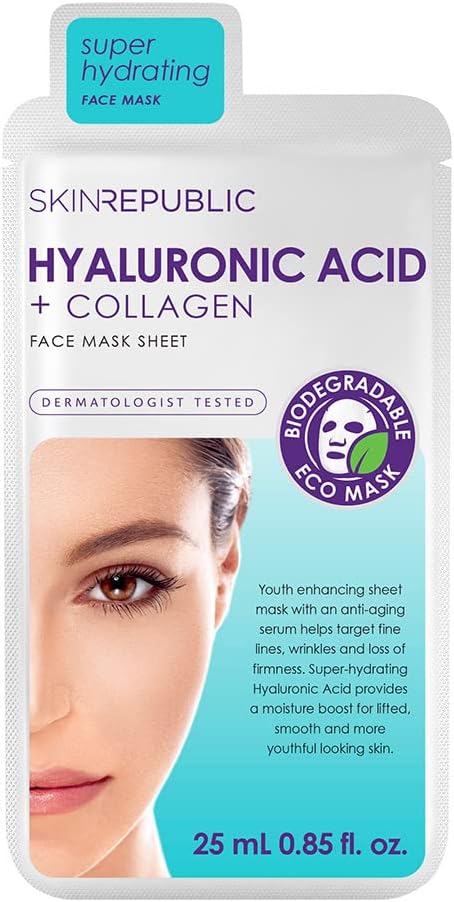 Skin Republic Hyaluronic Acid + Collagen Sheet Mask Clinically Proven to Provide 48-Hours of Long-Lasting Hydration. Made in Korea.