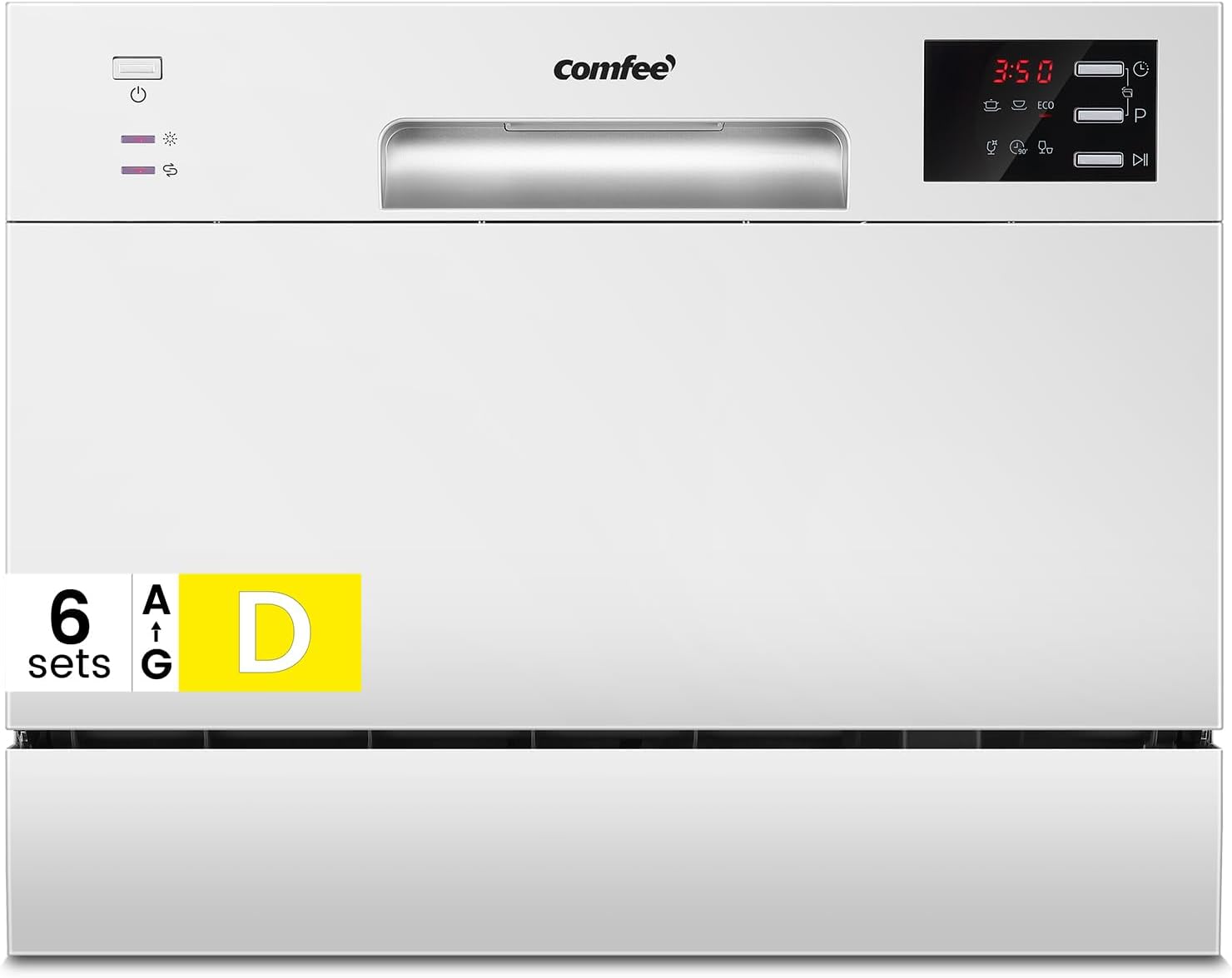COMFEE' 2026 New Upgraded Table Top Dishwasher with 6 Place Settings, Mini Countertop Dishwasher for Small Families, Couples, Auto Open Dry, LED display, Delay Start, 47dB Quiet Noise, White