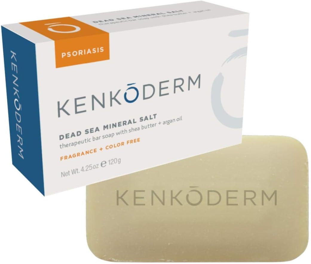 Kenkoderm Psoriasis Mineral Salt Soap with Argan Oil & Shea Butter, 4.25 oz, 1 Bar, Dermatologist Developed Skin Care for Soothing & Moisturizing Psoriasis, Eczema & Rosacea, Fragrance & Color Free