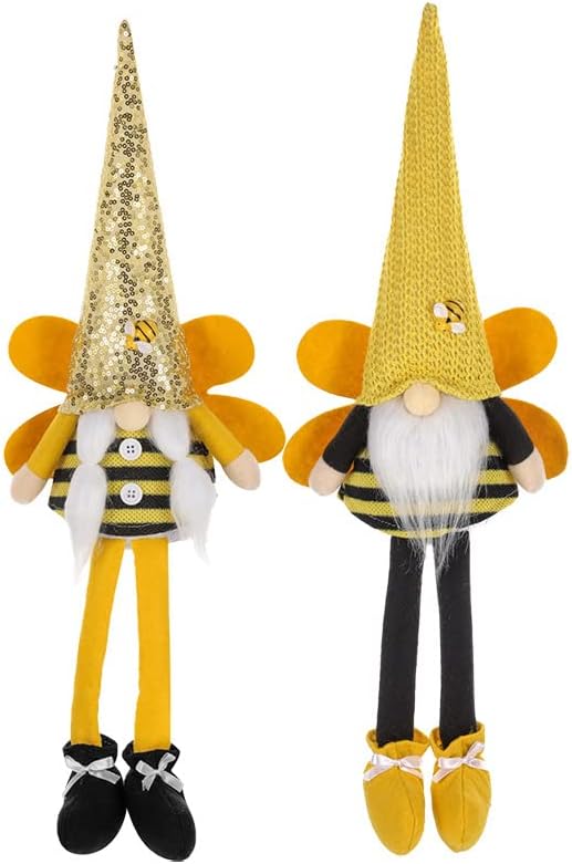 2PCS Bee Gnome Plush Decorations, Spring Bee Decor, Honeybee Gnomes World Bee Day Decor, Scandinavian Tomte Doll for Home Table, Farmhouse Decor, Bee Party Supplies (long legs yellow gnome)