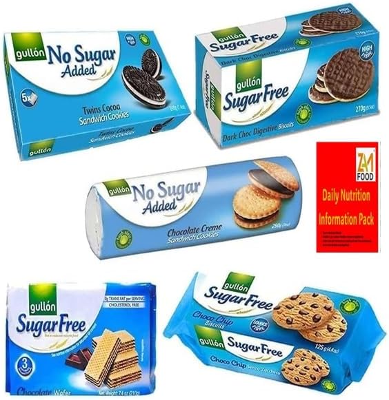 Gullon Sugar Free Biscuits Chocolate Mixed Variety Selection Diabectic friendly Pack (5 Pack) chocolate chip, cocoa sandwich, dark digestive, chocolate wafer by zamfoods