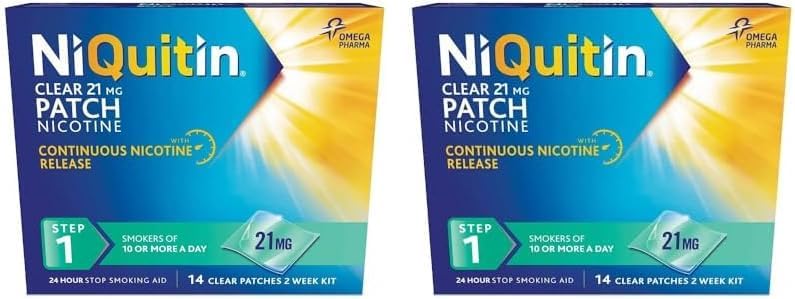 NiQuitin 21 mg Nicotine Patch - Step 1 - Stop Smoking Aid Therapy - 14 Clear Patches for 2 Weeks Treatment - 24h Craving Control - Invisible Nicotine Patches (Pack of 2)