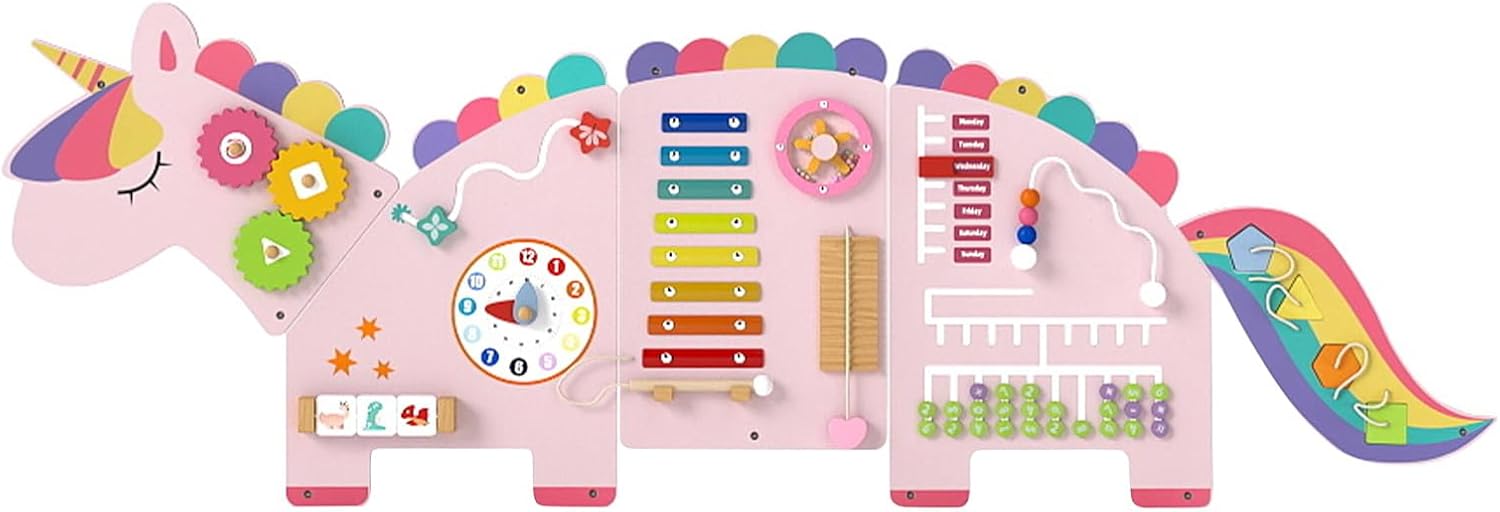 Pink Sensory Wall, 11 in 1 Wooden Montessori Busy Board Panel, Toddler Wall Mounted Activity Center, Educational Toys Learning Gift for Boys Girls