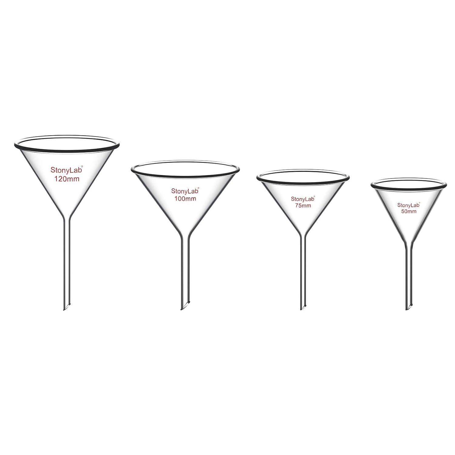 stonylab 4pcs Glass Funnel Set, Heavy Wall Borosilicate Glass Short Stem Funnels Filling Funnels, 50 mm/75 mm/100 mm/120 mm Diameter