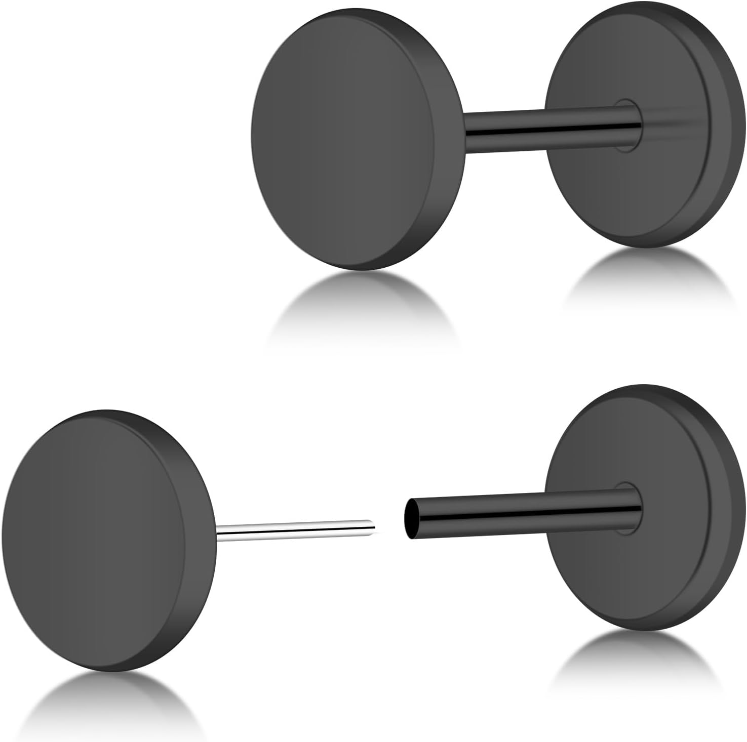 ZDE Women Earrings Threadless Flat Back Dot Earrings Titanium Hypoallergenic Cartilage Non-Nickel Black Push in Earring Studs for Sensitive Ears Simple Classic Earstuds