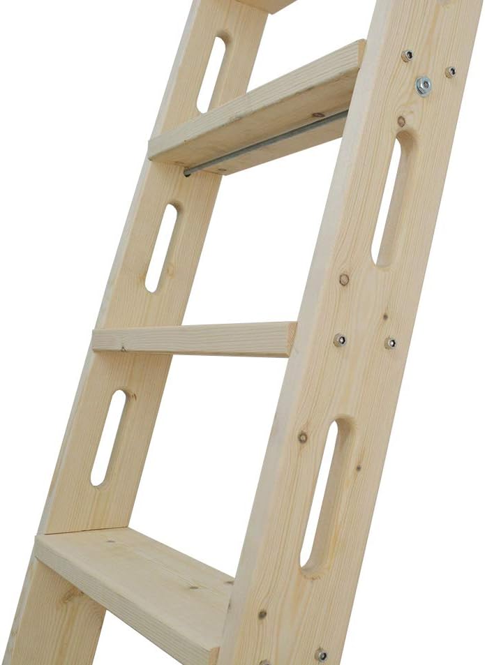 DIYHD 120" Knotty Pine Wood Sliding Ladder Rolling Home Office Library Ladder