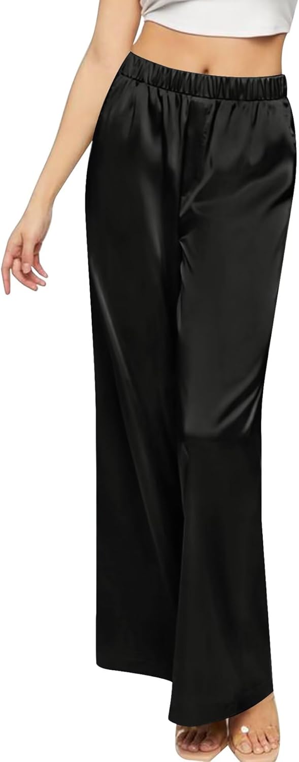 SWOMOG Women's Silk Satin Pajama Pants Longs Silky Sleep Pants Loungewear Trousers Elastic Waist Lounge Pj Bottoms