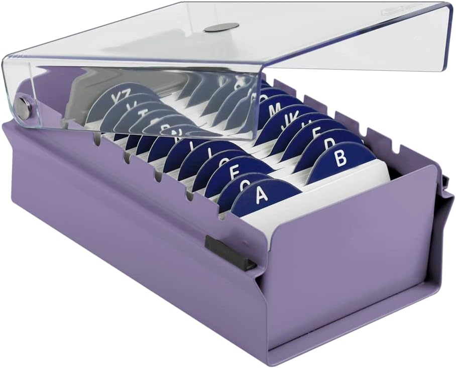 Acrimet Index Business Card Size File Holder Organizer Box Metal Base Heavy Duty (AZ Index Cards and Divider Included) (Purple Color with Clear Crystal Plastic Lid Cover)