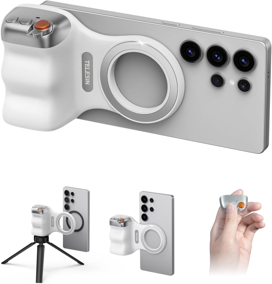 TELESIN Fun Shot Magnetic Phone Camera Grip for iPhone & Android with Detachable Wireless Shutter Remote, 1/4" Tripod Screw, Comfort Ergonomic Camera Grip Handle Holder