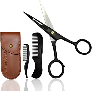 5" Beard & Mustache trimming Scissors for Men, 2 comb & Travel carrying Pouch, Hand forged with Bevel edge For precision, Mustache kit for men, Extremely Sharp Scissors