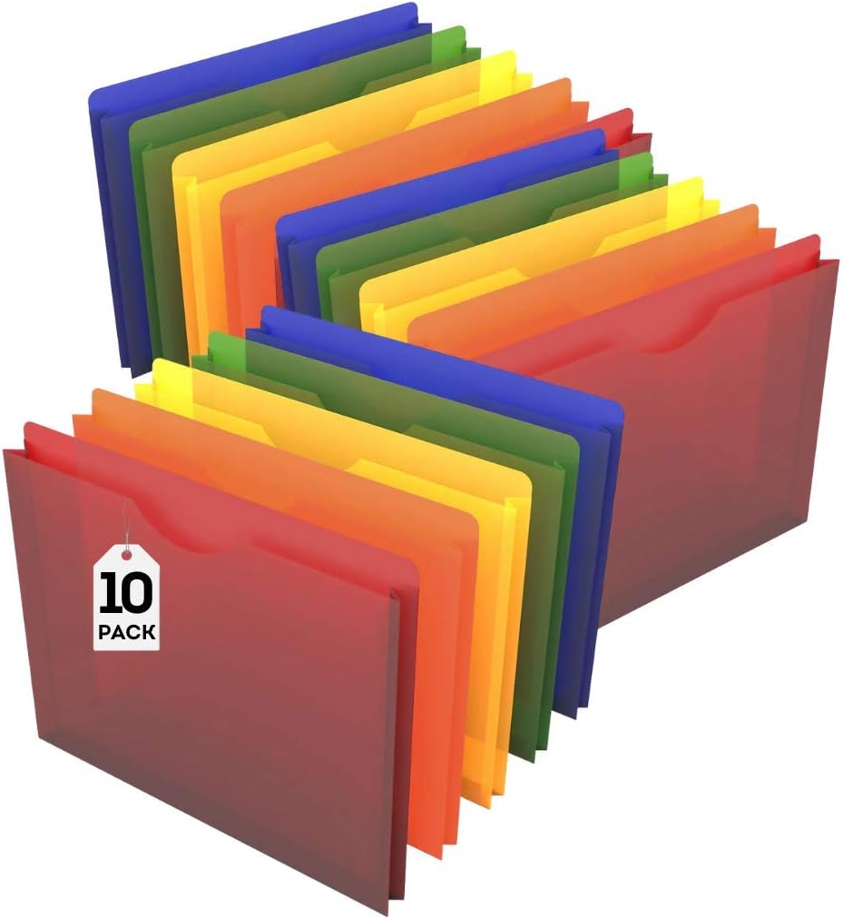 1InTheOffice Expandable Plastic File Folders, Pockets, Letter Size, Moisture Resistant, 1" Jacket, Assorted Colors, 10/Pack