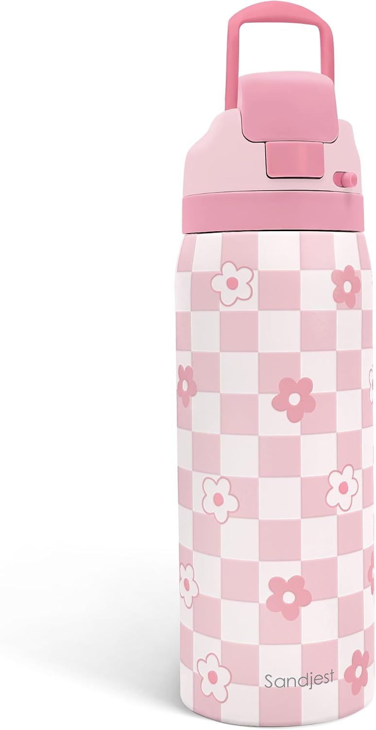 Checkered Floral Insulated Stainless Steel Water Bottle with Straw for Sports and Travel, 32oz, Gifts for Women Girls Friends Teens Birthday Christmas