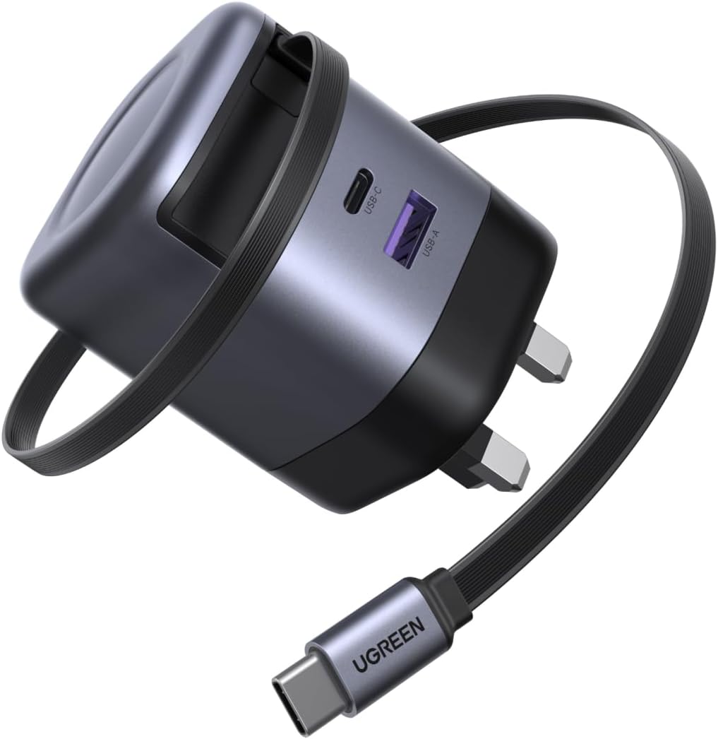 UGREEN USB C Charger 65W Nexode GaN 3-Port Fast Charging Plug with Retractable Cable (0.69m), Compatible with MacBook Pro/Air, iPhone 16/15, iPad, Galaxy S25/S24, Steam Deck